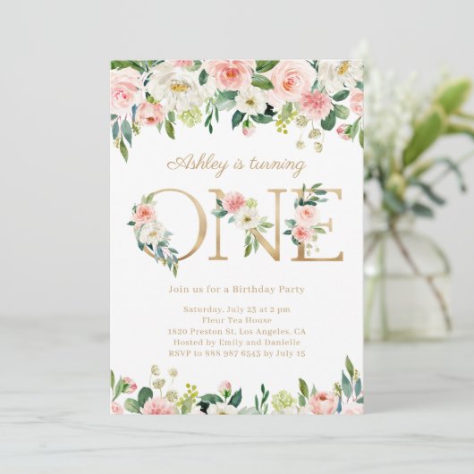 Blush Flowers Gold ONE Floral First Birthday Kaart (Staand voorkant)