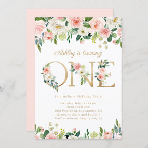 Blush Flowers Gold ONE Floral First Birthday Kaart