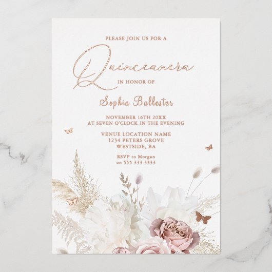 Blush Flowers Ivory Quinceanera Party Roos Gold Folie Uitnodiging (Voorkant)