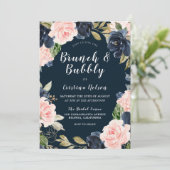 Blush Flowers & Navy Brunch & Bubble Vrijgezellenf Kaart (Staand voorkant)