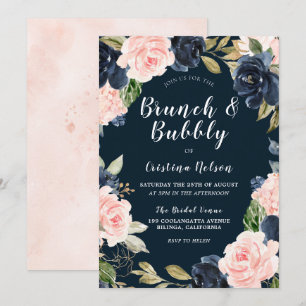 Blush Flowers & Navy Brunch & Bubble Vrijgezellenf Kaart