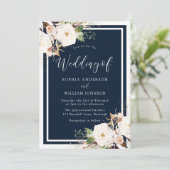 Blush Flowers Navy Indigo Wedding Kaart (Staand voorkant)