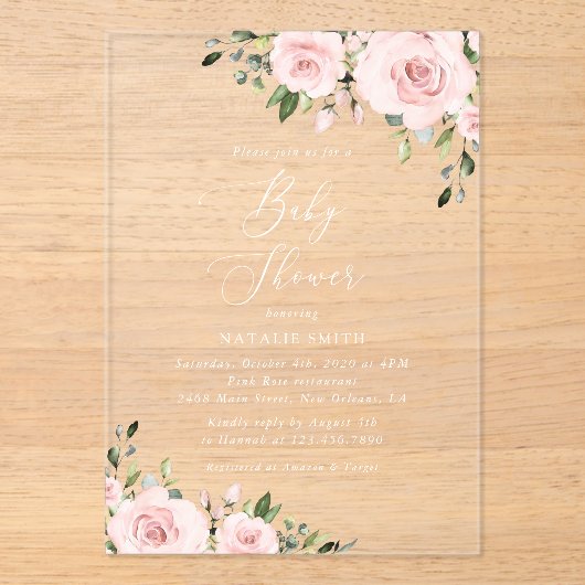Blush Flowers, Pink Flowers, Boho, Baby shower Acryl Uitnodigingen (Voorkant)