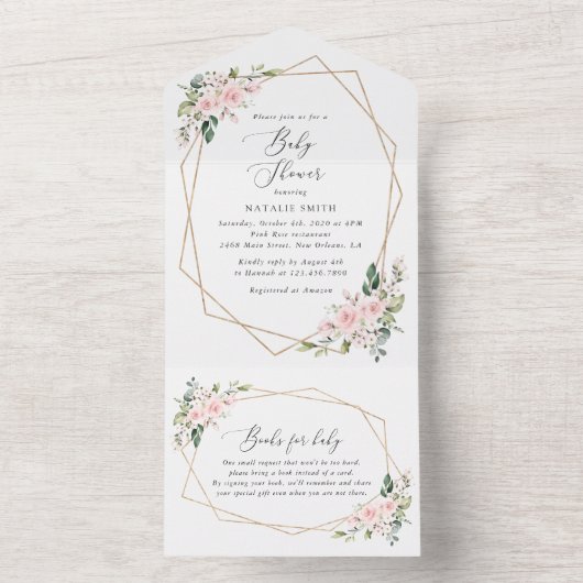 Blush Flowers, Pink Flowers, Boho, Baby shower All In One Uitnodiging (Binnen)