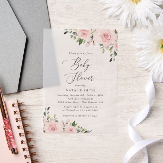 Blush Flowers, Pink Flowers, Boho, Baby shower Vellum Uitnodigingen (Huwelijk)