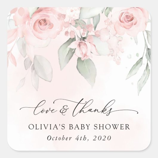 Blush Flowers, Pink Flowers, Boho, Baby shower Vierkante Sticker (Voorkant)
