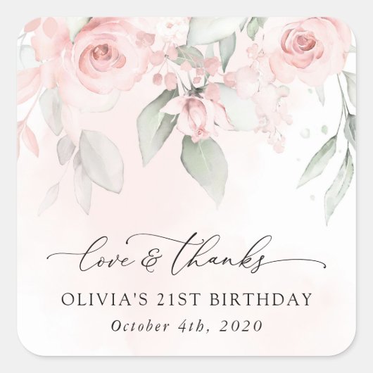 Blush Flowers, Pink Flowers, Boho, Birthday Vierkante Sticker (Voorkant)