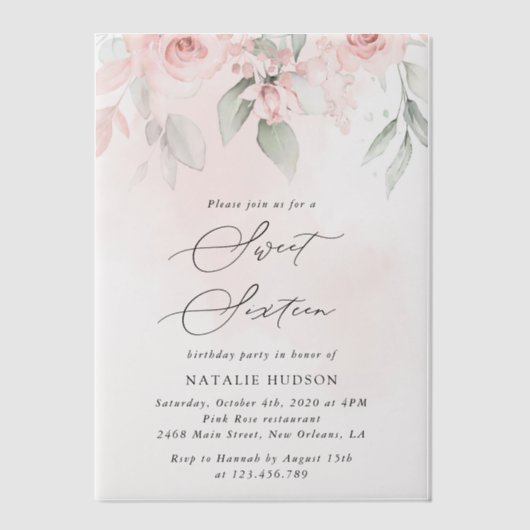 Blush Flowers, Pink Flowers, Boho, Sweet 16 Vellum Uitnodigingen (Voorkant)