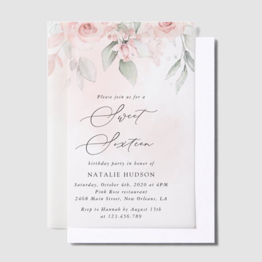 Blush Flowers, Pink Flowers, Boho, Sweet 16 Vellum Uitnodigingen (Offset)
