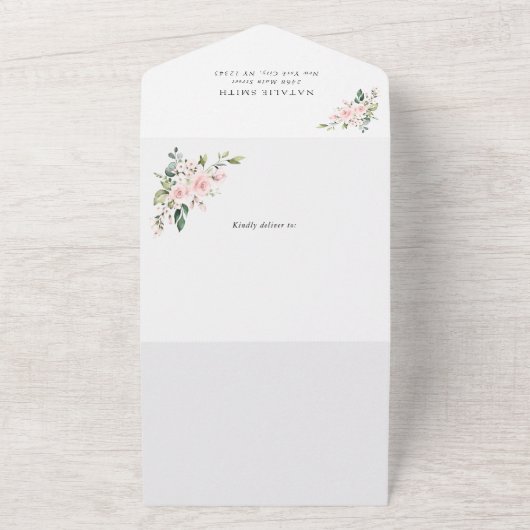 Blush Flowers, Pink Flowers, Boho, Vrijgezellenfee All In One Uitnodiging (Buitenkant)