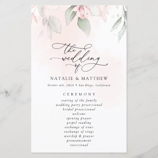 Blush Flowers, Pink Flowers, Boho, Wedding Program (Voorkant)