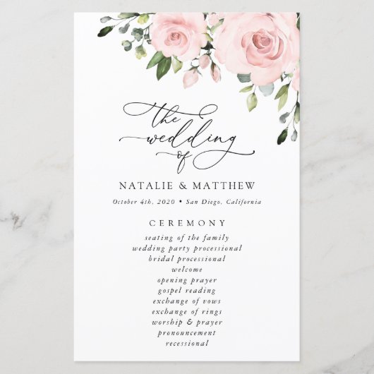 Blush Flowers, Pink Flowers, Boho, Wedding Program (Voorkant)