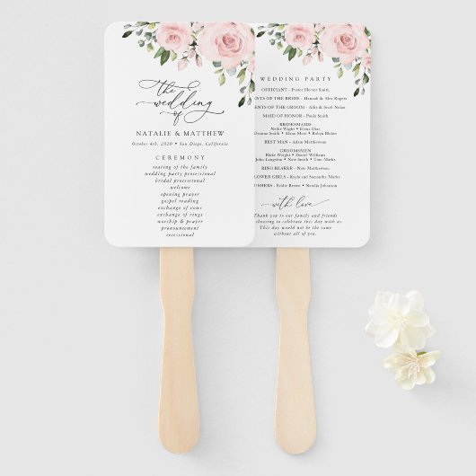 Blush Flowers, Pink Flowers, Boho, Wedding Program Handwaaier (Voorkant en achterkant)