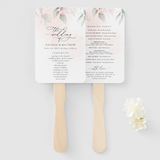 Blush Flowers, Pink Flowers, Boho, Wedding Program Handwaaier (Voorkant en achterkant)