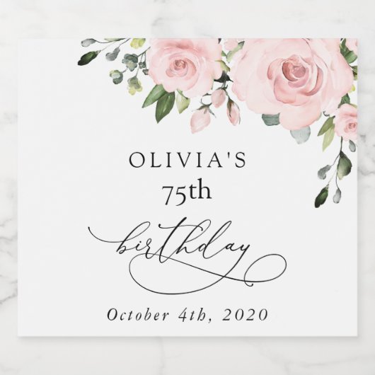 Blush Flowers, Pink Flowers, Greenery, Birthday Sparkling Wijnetiket (Enkel label)