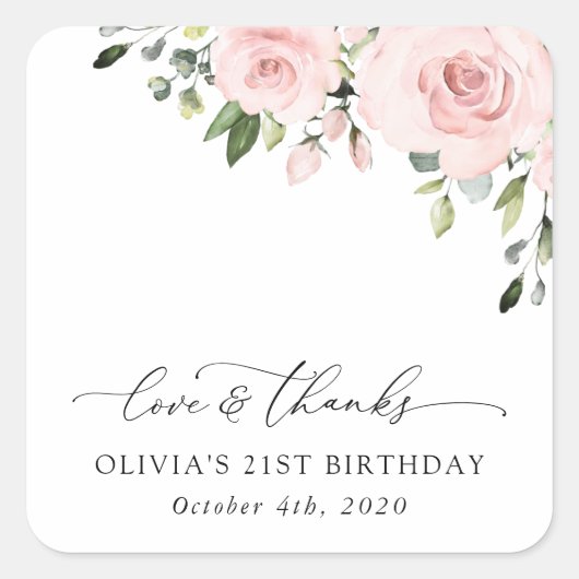 Blush Flowers, Pink Flowers, Greenery, Birthday Vierkante Sticker (Voorkant)