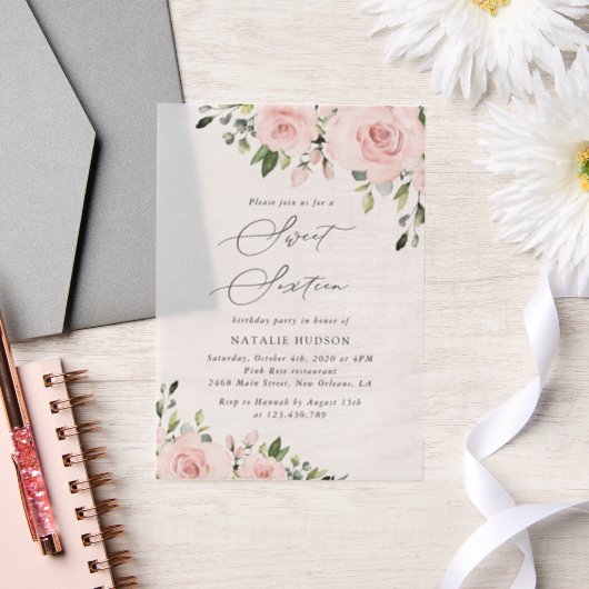 Blush Flowers, Pink Flowers, Greenery, Sweet 16 Vellum Uitnodigingen (Huwelijk)