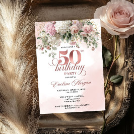 Blush Flowers Rose Gold Greenery 50th Birthday   Kaart