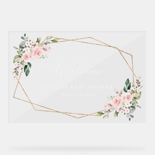 Blush Flowers, roze bloemen, Baby shower Welcome Acryl Bord (Voorkant)
