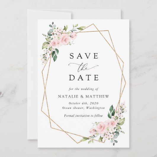 Blush Flowers, roze bloemen, Boho, sparen de datum Save The Date (Voorkant)