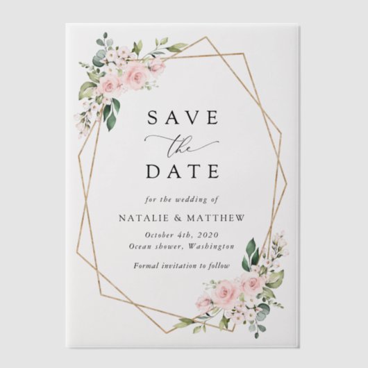 Blush Flowers, roze bloemen, Boho, sparen de datum Vellum Uitnodigingen (Voorkant)