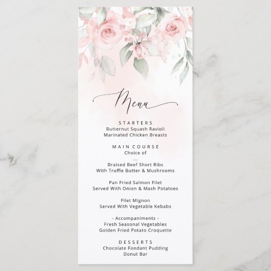 Blush Flowers, roze bloemen, Greenery, Weddenschap Menu (Voorkant)