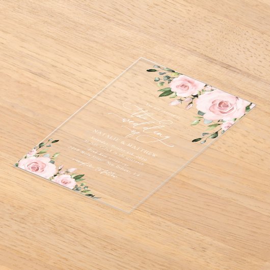 Blush Flowers, Roze Flowers, Greenery, Wedding Acryl Uitnodigingen (Laagn)