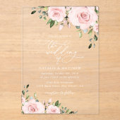 Blush Flowers, Roze Flowers, Greenery, Wedding Acryl Uitnodigingen (Voorkant)