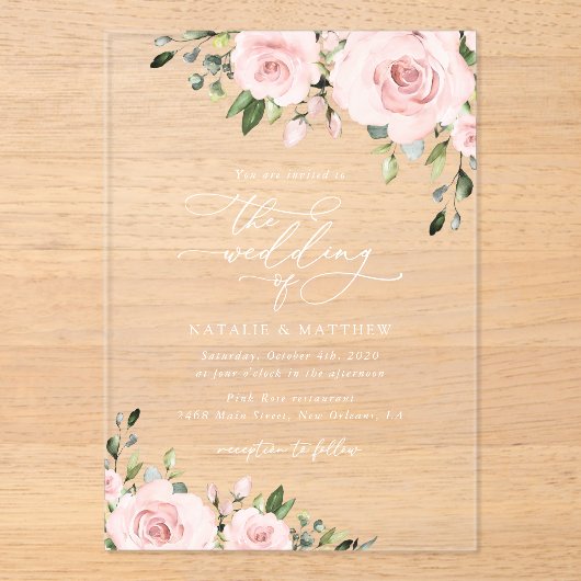 Blush Flowers, Roze Flowers, Greenery, Wedding Acryl Uitnodigingen (Voorkant)
