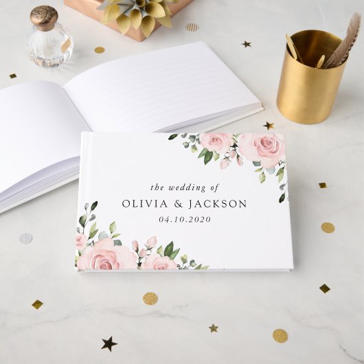 Blush Flowers, Roze Flowers, Greenery, Wedding Gastenboek (Voorkant open)
