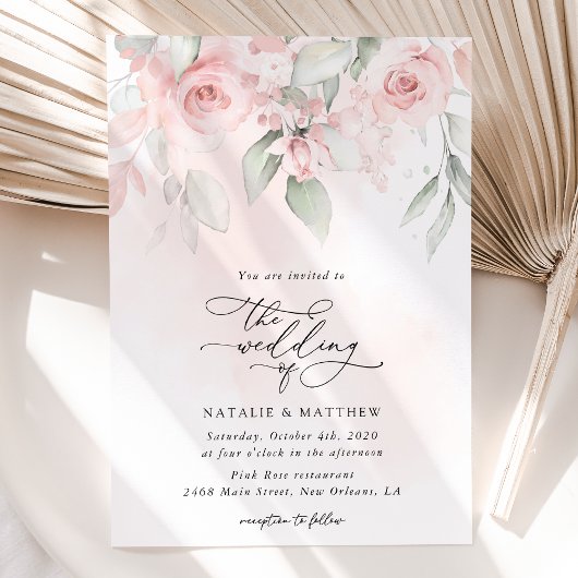 Blush Flowers, Roze Flowers, Greenery, Wedding Kaart