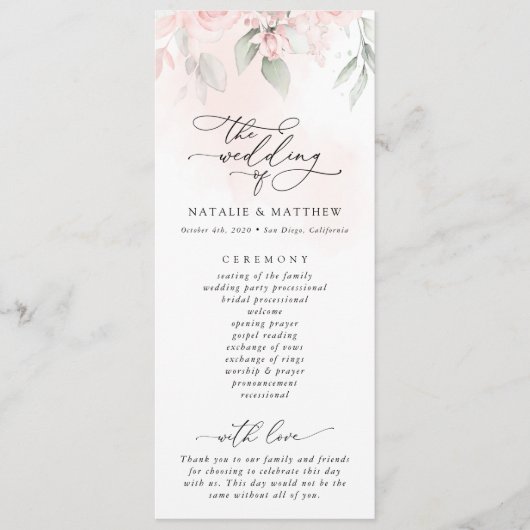 Blush Flowers, Roze Flowers, Greenery, Wedding Pro Programmakaart (Voorkant)