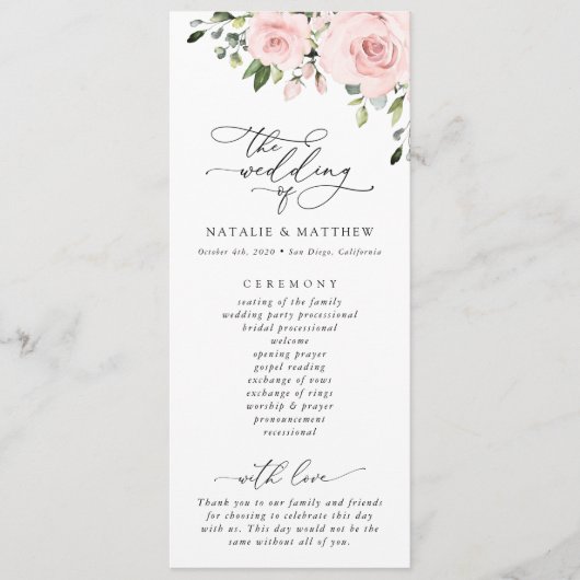 Blush Flowers, Roze Flowers, Greenery, Wedding Programmakaart (Voorkant)