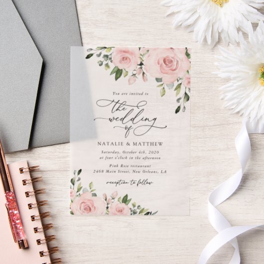 Blush Flowers, Roze Flowers, Greenery, Wedding Vellum Uitnodigingen (Huwelijk)