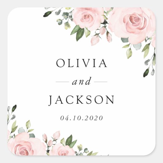 Blush Flowers, Roze Flowers, Greenery, Wedding Vierkante Sticker (Voorkant)