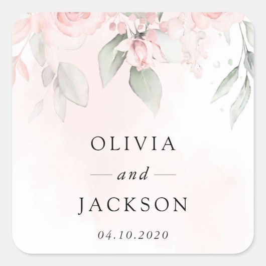 Blush Flowers, Roze Flowers, Greenery, Wedding Vierkante Sticker (Voorkant)