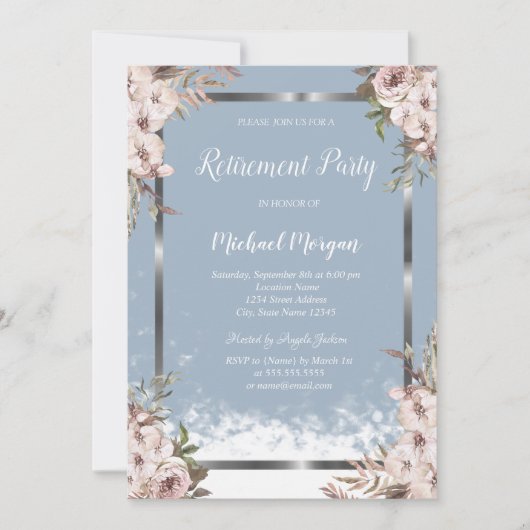 Blush Flowers Silver Lijst Dusty Blue Pensioen Kaart (Voorkant)
