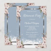 Blush Flowers Silver Lijst Dusty Blue Pensioen Kaart (Voorkant / Achterkant)