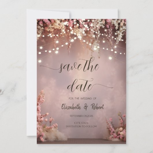 Blush Flowers String Lights Save The Date (Voorkant)