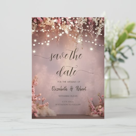 Blush Flowers String Lights Save The Date (Staand voorkant)