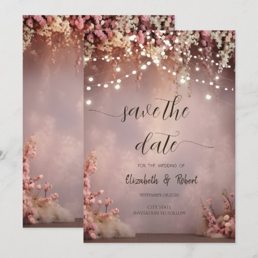 Blush Flowers String Lights Save The Date (Voorkant / Achterkant)