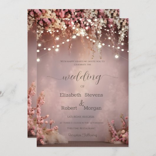 Blush Flowers String Lights Wedding Kaart (Voorkant / Achterkant)