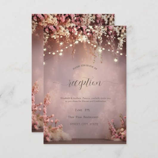 Blush Flowers String Lights Wedding Kaart (Voorkant / Achterkant)