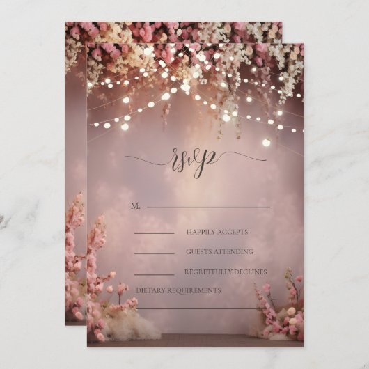 Blush Flowers String Lights Wedding RSVP   Kaart (Voorkant / Achterkant)