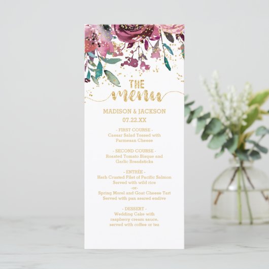 Blush Flowers Stripes & Gold Confetti Wedding Menu (Staand voorkant)