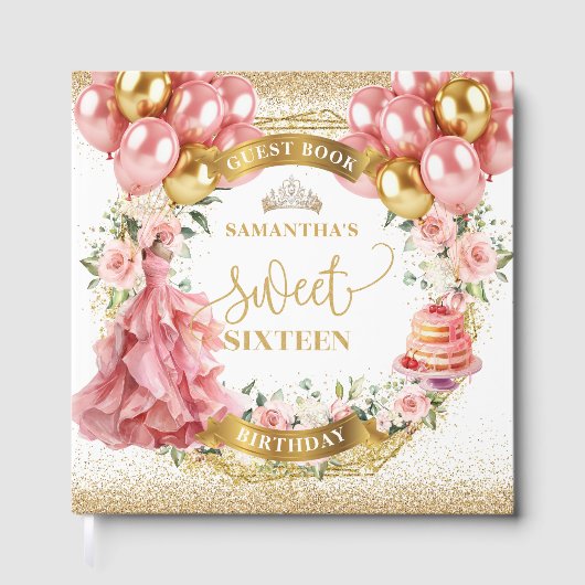 Blush Flowers Sweet 16 Gastboek Roze Jurk Gastenboek (Voorkant)