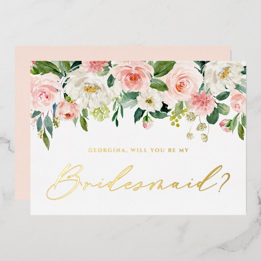  Blush Flowers zullen mijn Bridesmaid zijn Folie Uitnodiging (Voorkant / Achterkant)