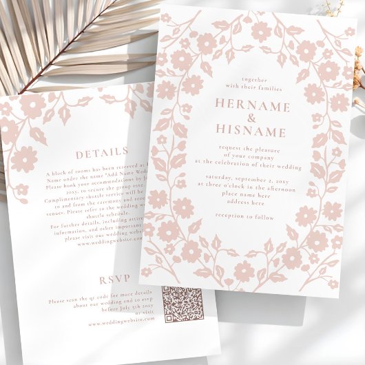 Blush Folk Floral QR RSVP All-in-One Wedding Kaart
