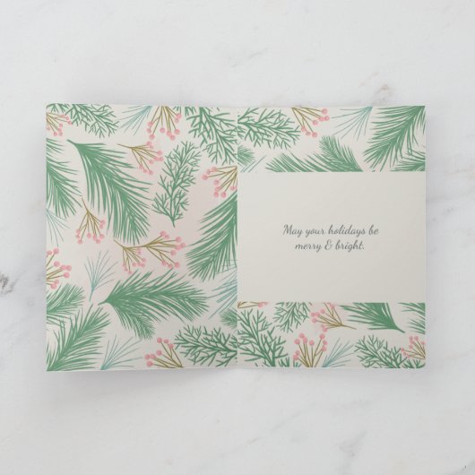 Blush Forest Pine Holly Berry Photo Holiday Card Feestdagen Kaart (Binnen)