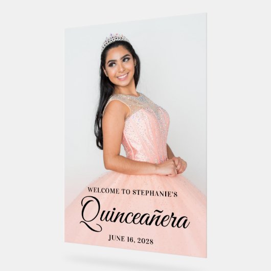 Blush foto Overlay Elegant Script Quinceañera Acryl Bord (Hoek)